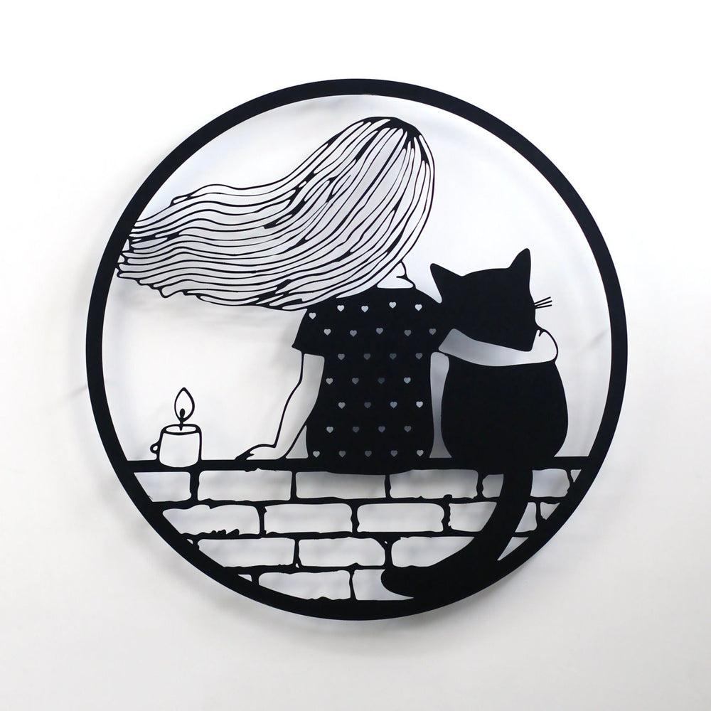 Girl and Cat Metal Wall Art